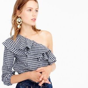 Like New J.Crew One-Shoulder Gingham Ruffle Top